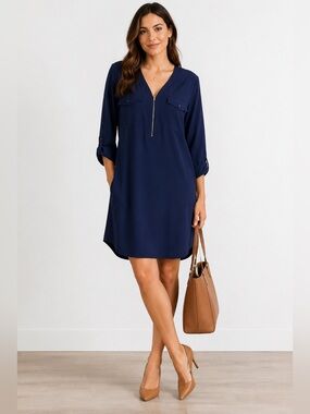 Express Navy Blue Half Zip Shift Dress SzL Minimalist Career FLAWED NO BELT
